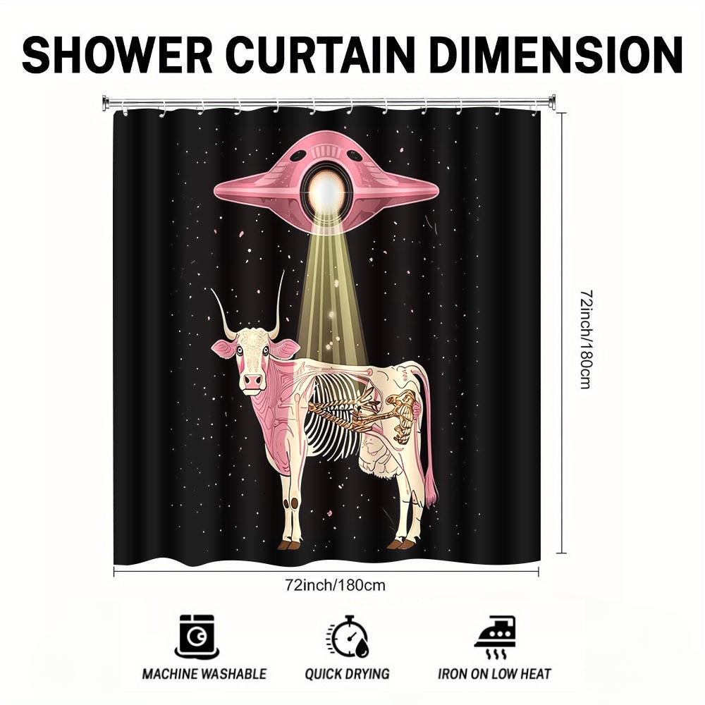 Ufo Abduction Cow Shower Curtain Sci-Fi Anatomy Art With Pink Flying Saucer, Black Background, Includes Hooks 70.8×70.8 Inches