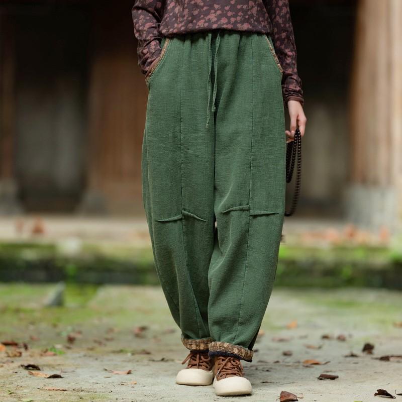 Johnature Women Winter Plush Warm Bloomers Pants Solid Color Trousers Elastic Waist Patchwork Pockets Long Pants