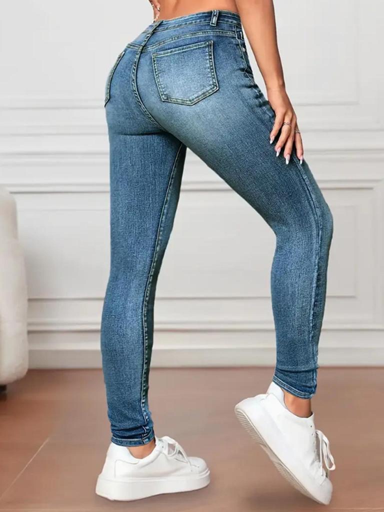 European & American Cross-Border Mid-Waist Washed Stretch Butt-Lifting Women's Skinny Jeans