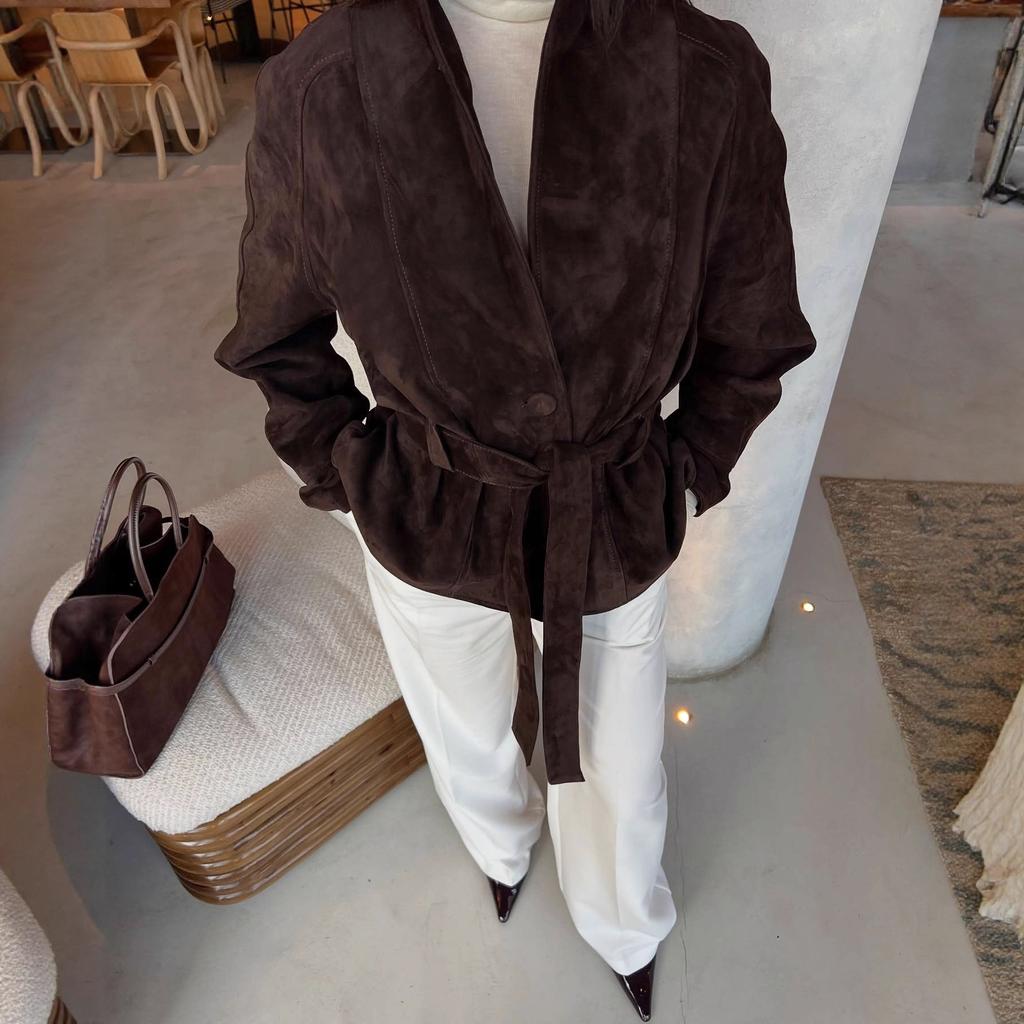 Autumn and winter Maillard retro suede waist short jacket Korean high-end light and familiar windproof leather jacket women