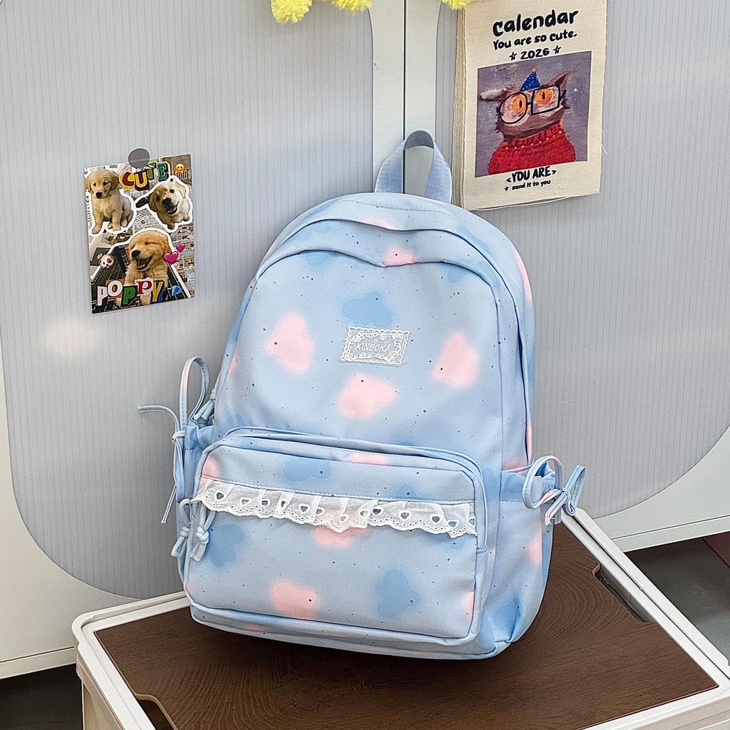Cartable Nouveau Sac à Dos à Pois en Dentelle Coréen Léger Polyvalent Décontracté Grande Capacité Mode Sac à Dos pour Étudiant Trajet Scolaire