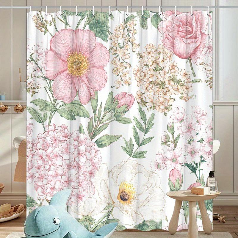 1 Stuk Roze En Witte Pioenroos, Roos En Hortensia Aquarel Douchegordijn, Polyester Stof Machine Wasbaar, Geschikt Voor Badkamer