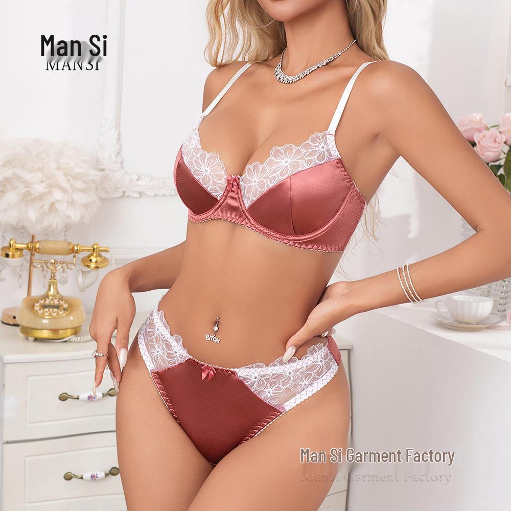 Women's Lace Floral Underwire Bra Set with Bow & Two Bottoms