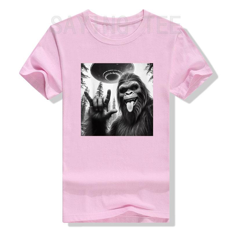 Funny Sasquatch Bigfoot Rock on Selfie with UFO Alien T-Shirt Humorous Father's Day Daddy Gift Short Sleeve Awesome Saying Tee