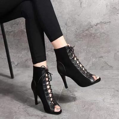 Elegante Zwarte Zomer Enkellaarsjes Voor Dames 2024 Lente Jazz Dansschoenen Peep Toe Vetershakken Pumps Feestschoenen Dames Sandaal