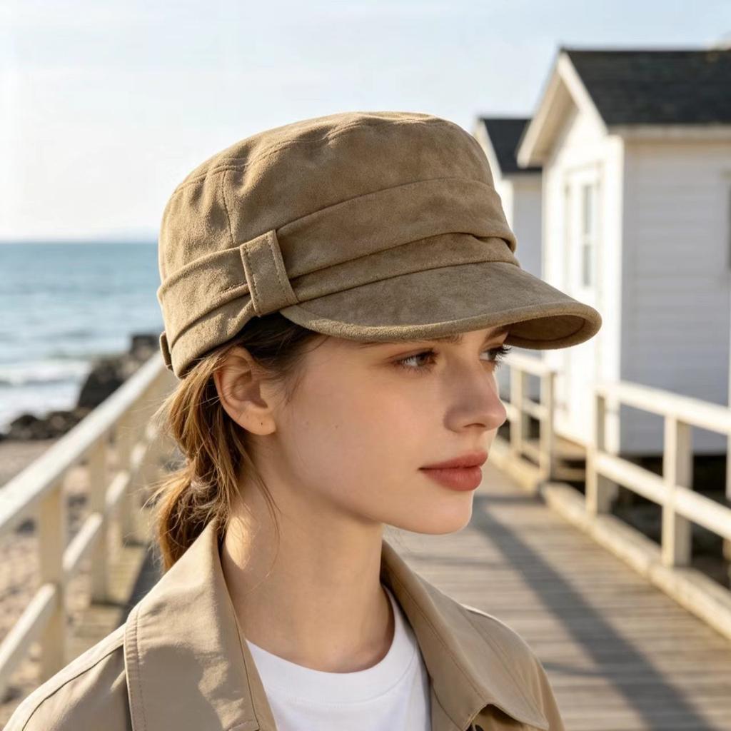 Suede pleated retro flat top hat women's spring and autumn plain face small versatile equestrian hat temperament beret painter hat