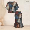 Women Plus Size Round Neck Batwing Sleeve Blue Brown Printed Ruffle Hem Top Fishtail Skirt Two Piece Set