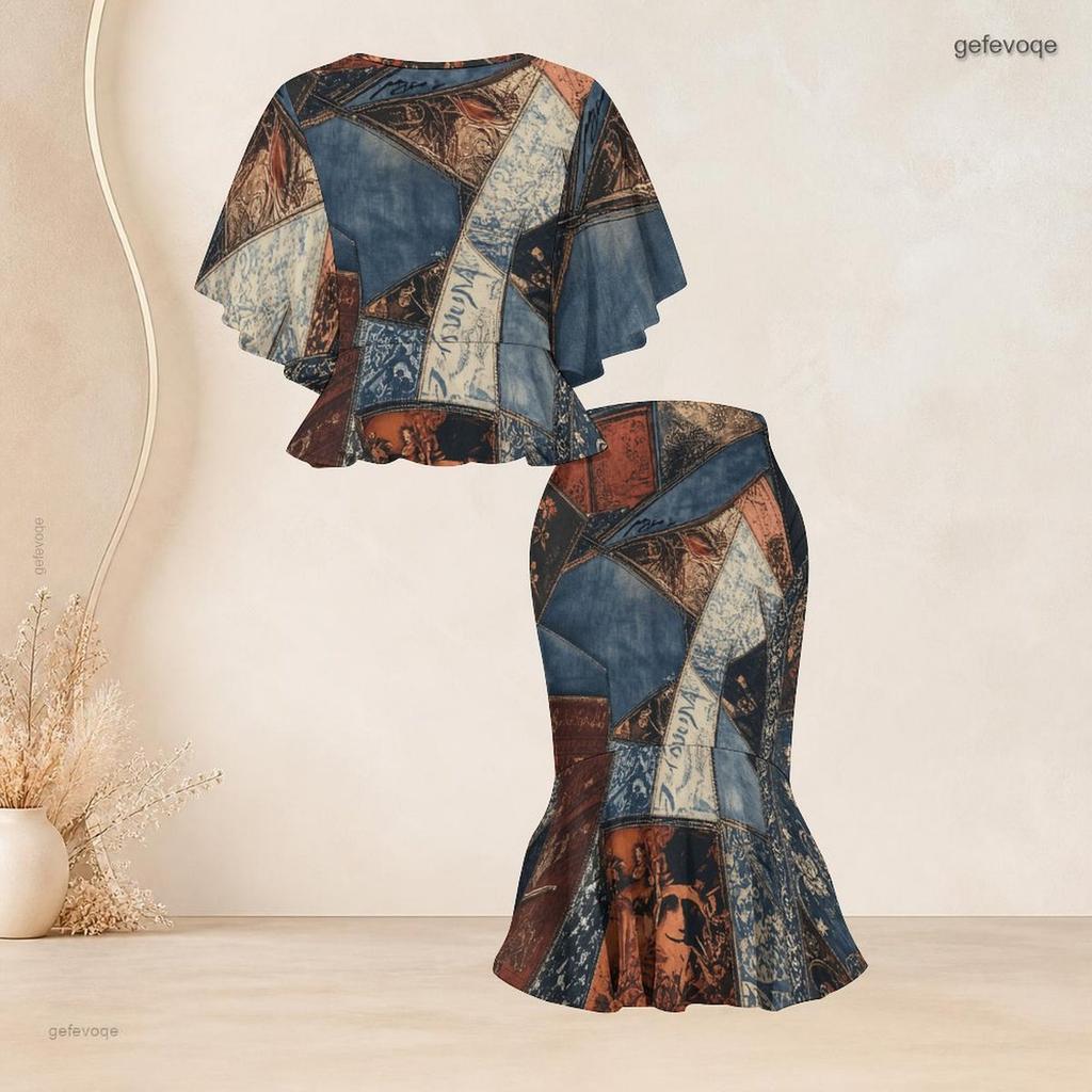 Women Plus Size Round Neck Batwing Sleeve Blue Brown Printed Ruffle Hem Top Fishtail Skirt Two Piece Set