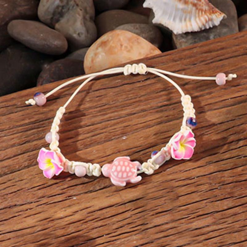 Ocean Elements Ceramic Starfish Turtle Necklace Bracelet Set, Three-dimensional Soft Pottery Flower Adjustable Weaving Jewelry