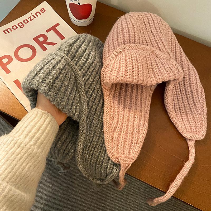 Autumn Winter Pink Knitted Women's Earflap Pilot Hat Warm Versatile Face-Flattering Ski Wool Hat