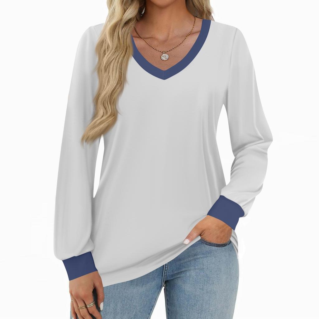 Women's Fashion Casual Long Sleeve Color Block Shirt Women's V-Neck Tops