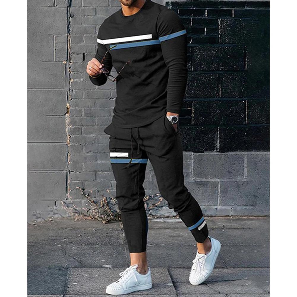 Jogging Sweatshirt Set Men's Color Contrast Stitching 3D Printing Fashion Casual Spring Autumn Sailor Collar Sweatshirt And Pant