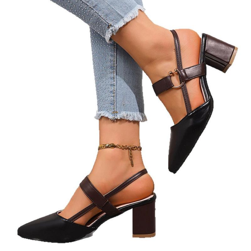 Spring and summer new single shoes pointed thick heel bag head shoes middle heel one-word buckle high heels hollow sandals