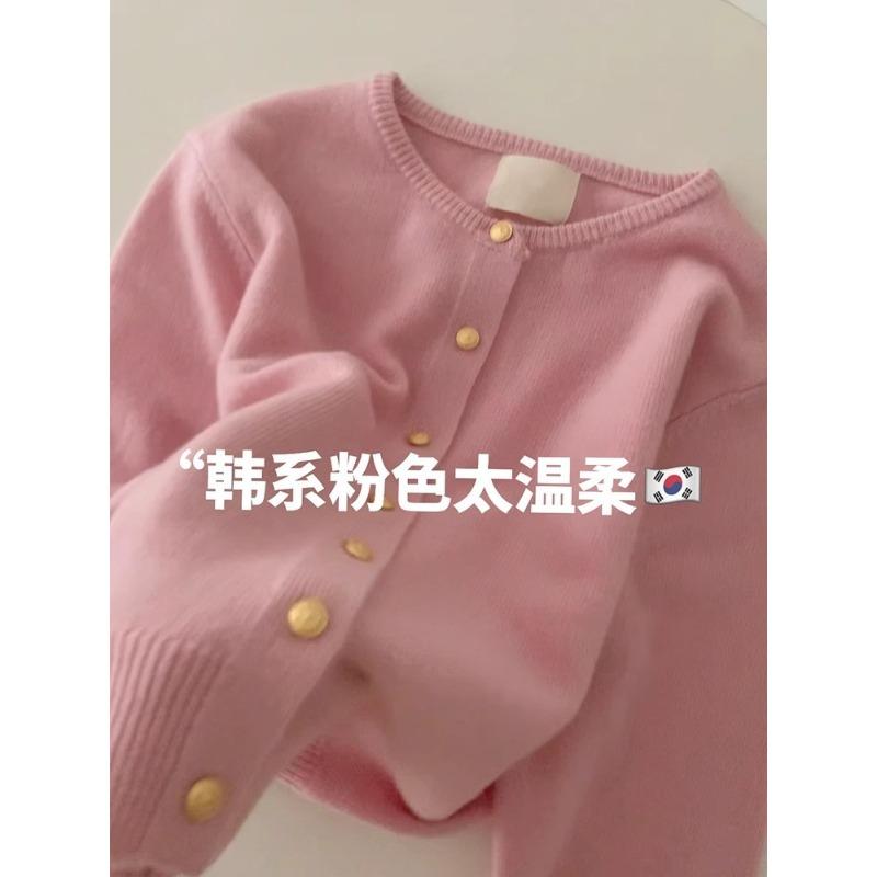 White raspberry powder small gold button knitted cardigan women's autumn and winter soft waxy thickened warm crew neck sweater jacket