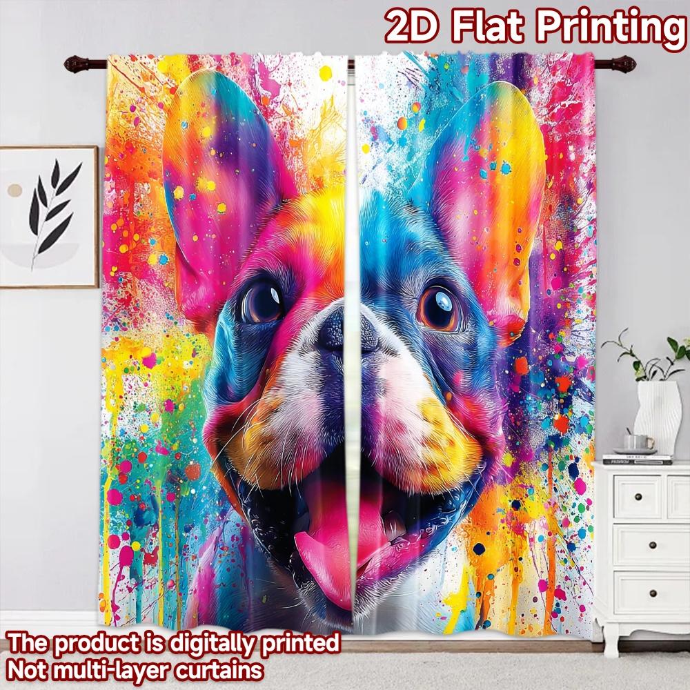 2D flat printing 2pcs Curtain Curtains Colorful Bulldog Portrait Digital Printed Polyester Drapes Festive Curtains Perfect for