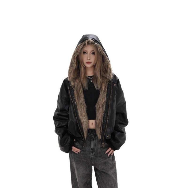 Unisex Oversize Skórzana Kurtka PU z Kapturem i Podszewką z Sztucznego Futra Norek Ciepła Zimowa Wiatroszczelna Kurtka Streetwear