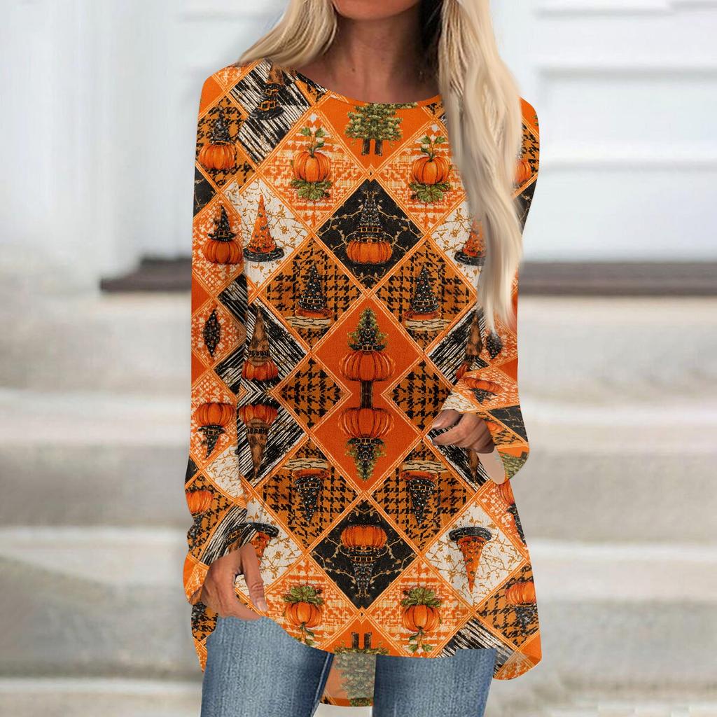 Women's Long Sleeve Round Neck Halloween Print Tunic T-Shirt for Casual Fall Fashion