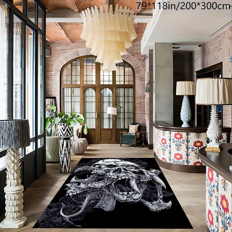 Gothic Skull Design Area Rug Crystal Velvet, Non-Slip Backing, Machine Washable, Black with White Skull & Floral Patte