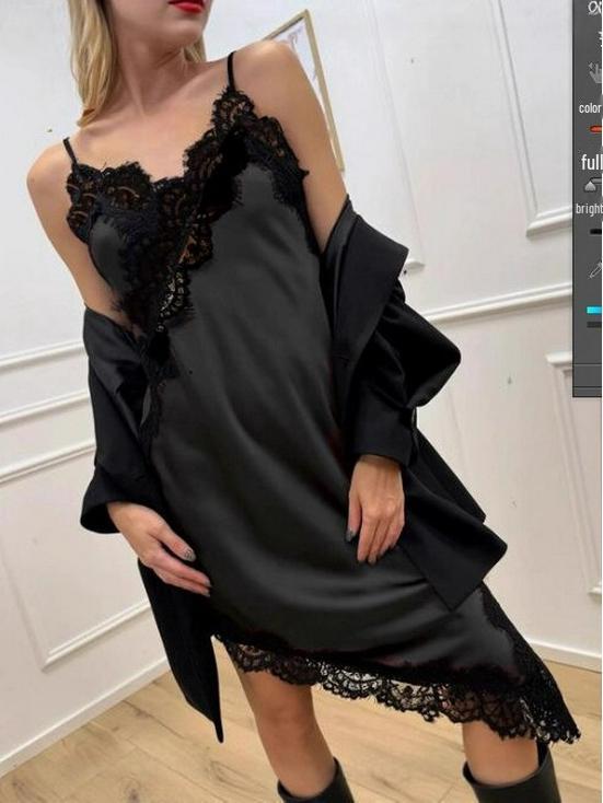 2025 Autumn Sexy Women's Mid-Length Satin Lace Camisole Dress with Irregular Slit, European & American Style