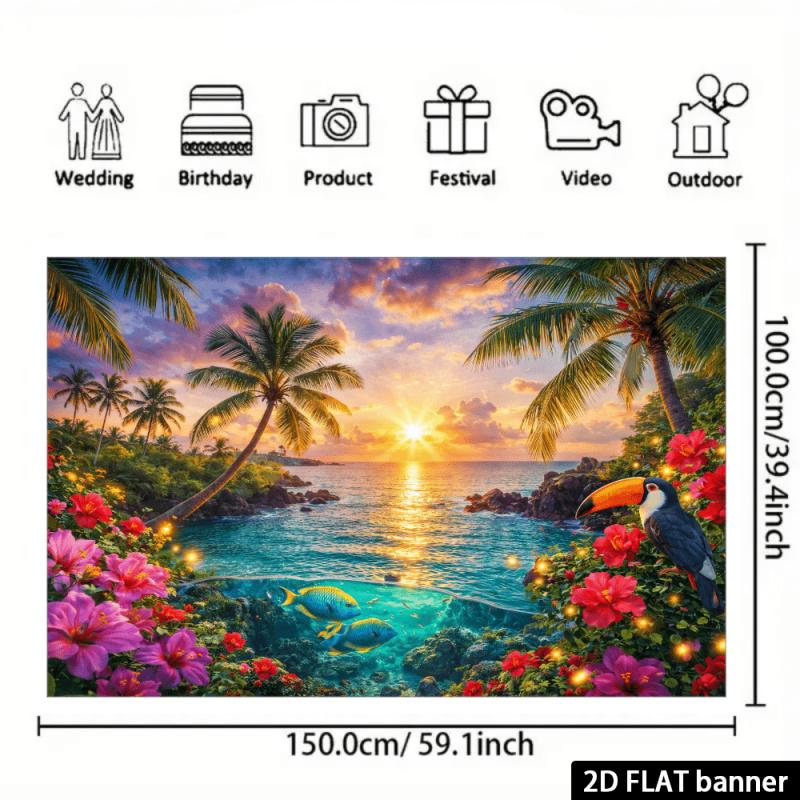 1pc 2D flat beach sunset party backdrop with a stunning sunset sky made of polyester lightweight and easy to store. (wsj)