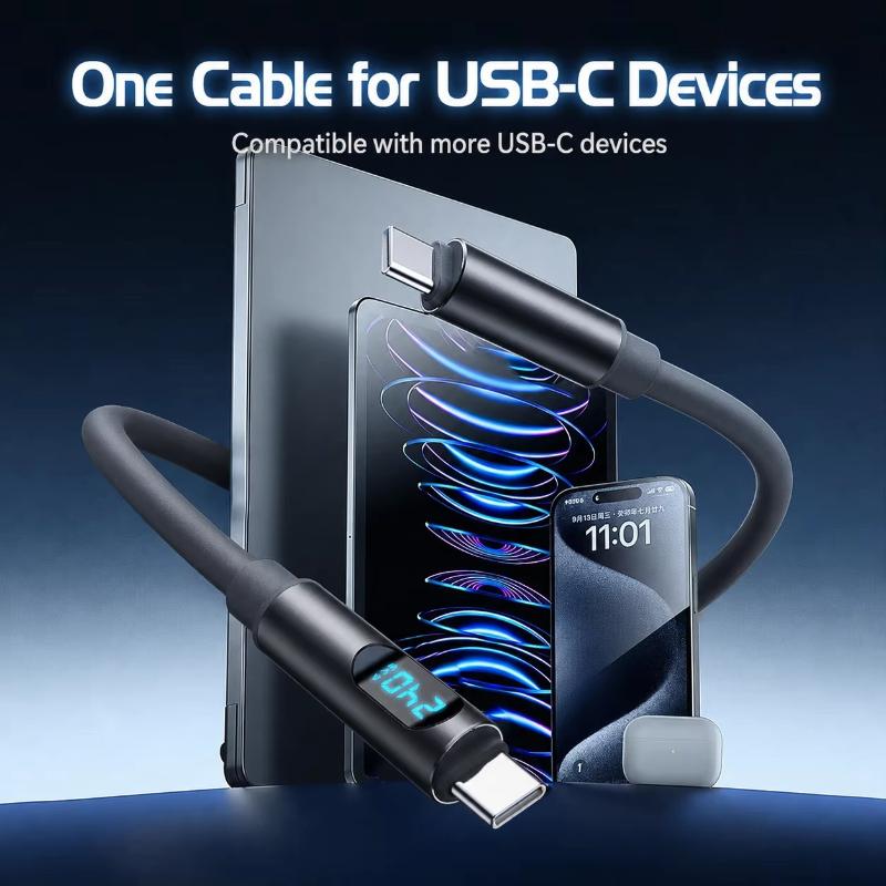 240W Multifunctional Led Digital Display Usb C To Usb C Fast Charging Cable, Soft Silicone Type C Charger Cord For Laptop Phone
