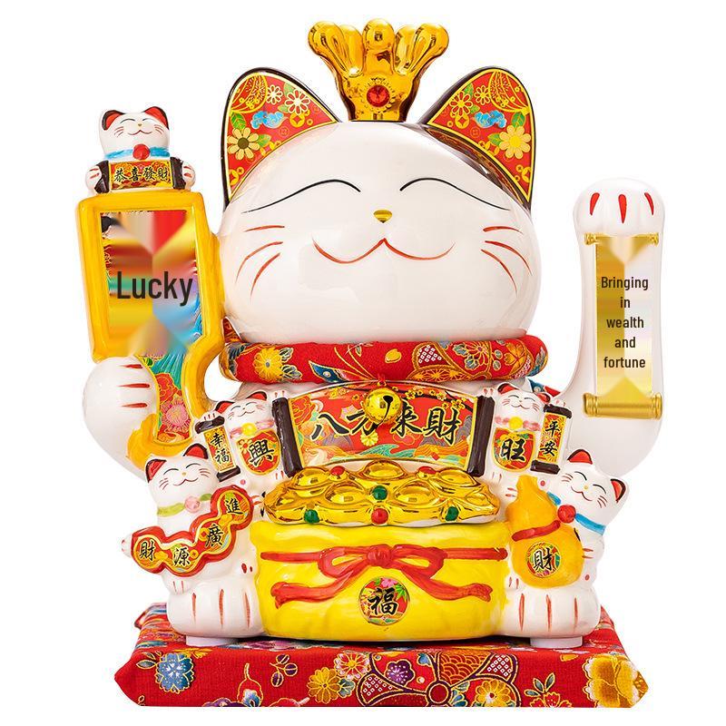 Automatic Waving Ceramic Lucky Cat Figurine - Perfect for Housewarming, Cash Register, or Living Room Decor