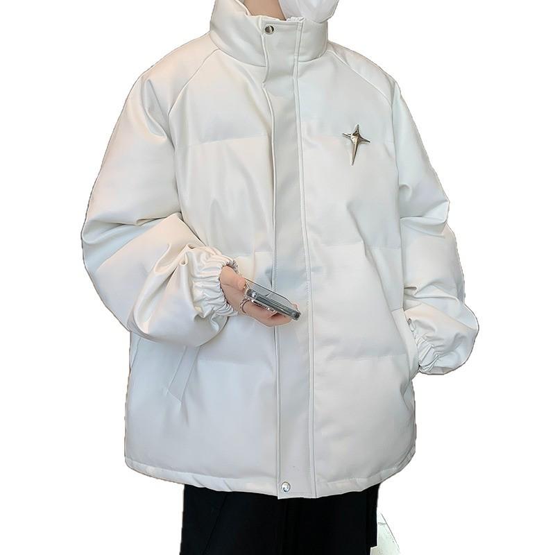 White PU Leather Men's Stand Collar Puffer Jacket - 2025 Winter Street Style, Thickened and Trendy Cotton Outerwear.