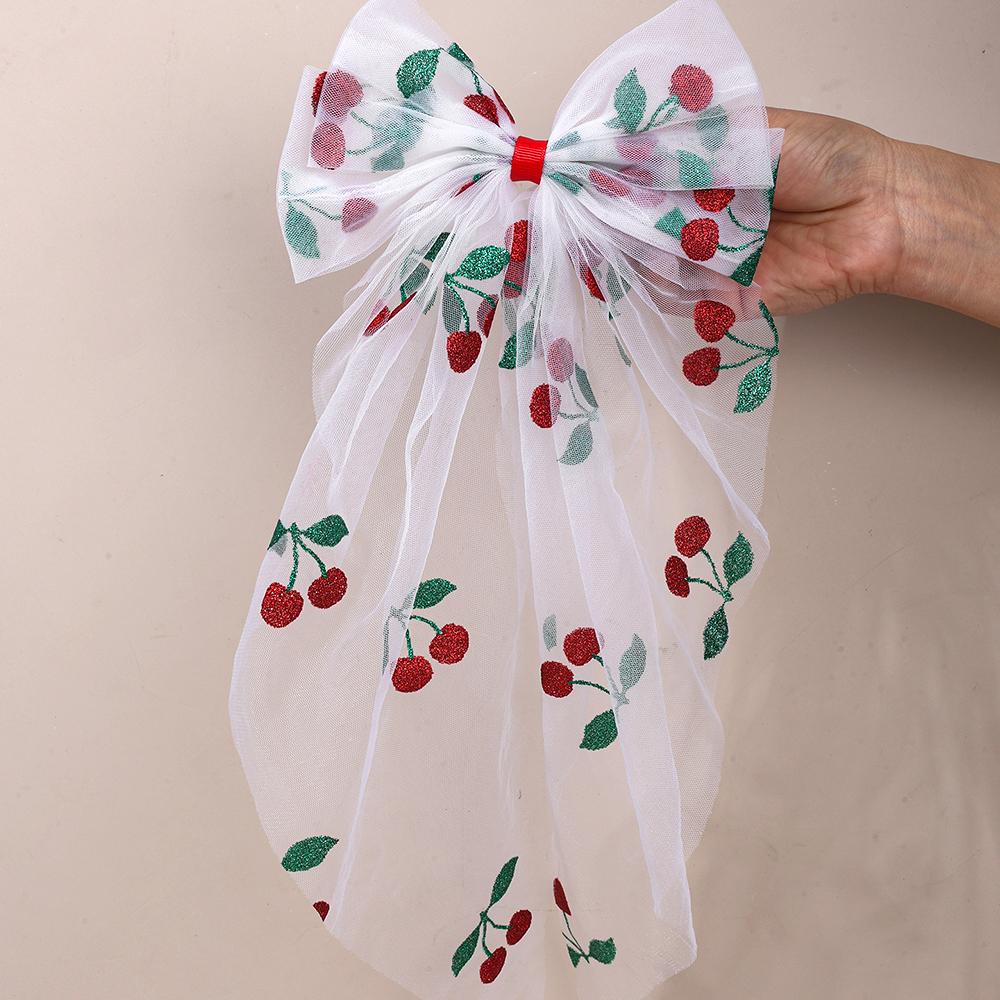 Net Bow Hair Clip Cherry Print Tulle Ribbon Barrette Large Big Bownot Ponytail Hairpin  Women Girls Headwear Accessories Gift