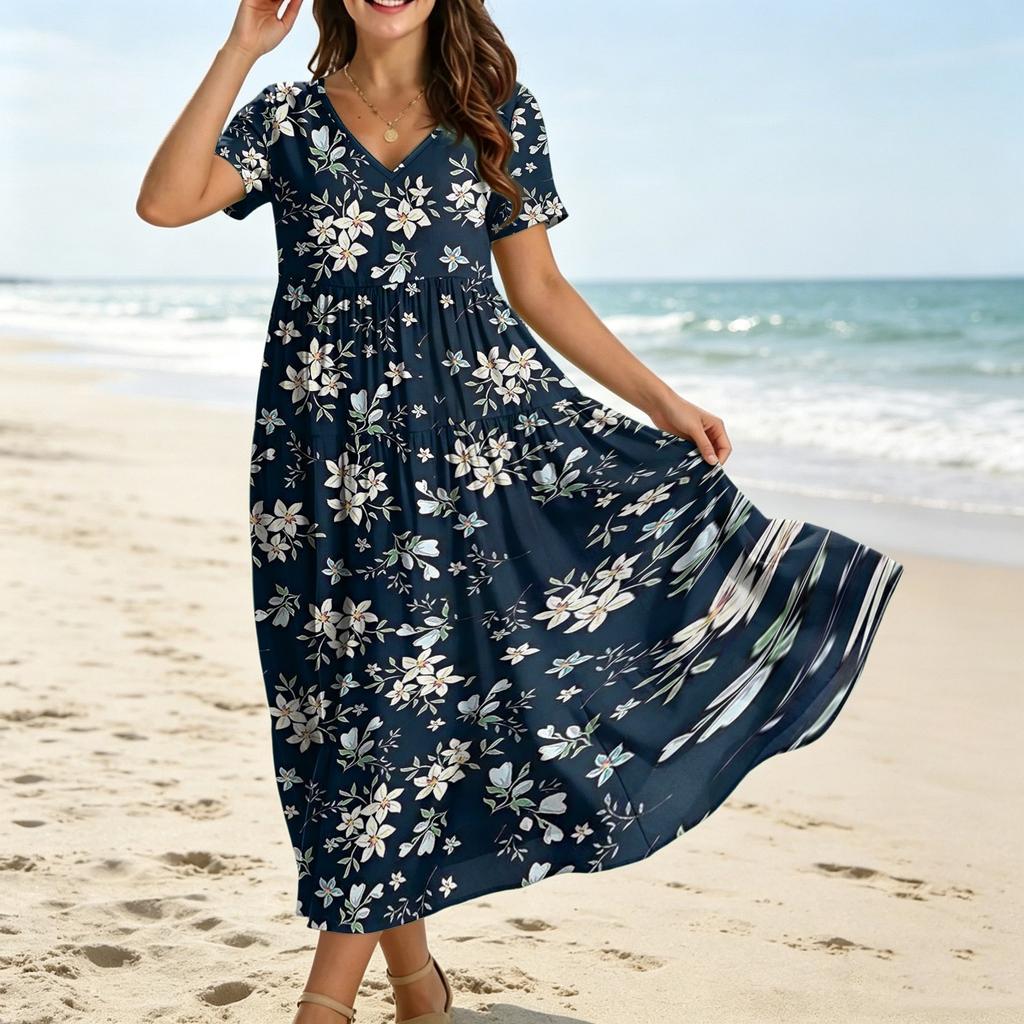 Women Casual Loose Bohemian Floral Dress Krótki rękaw Długa Maxi Summer Beach Swing Dress