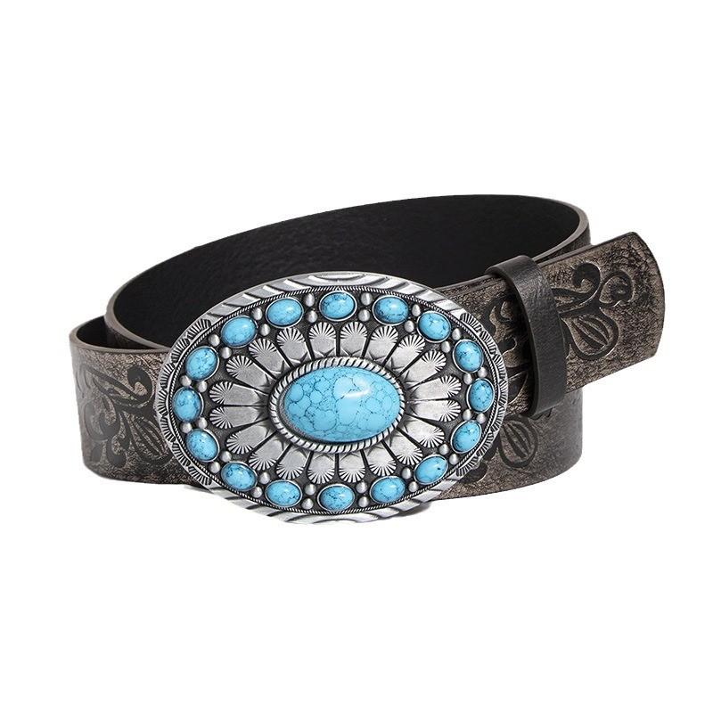 Vintage Turquoise Carved Sheep Head Embroidered Leather Belt For Fashion Enthusiasts