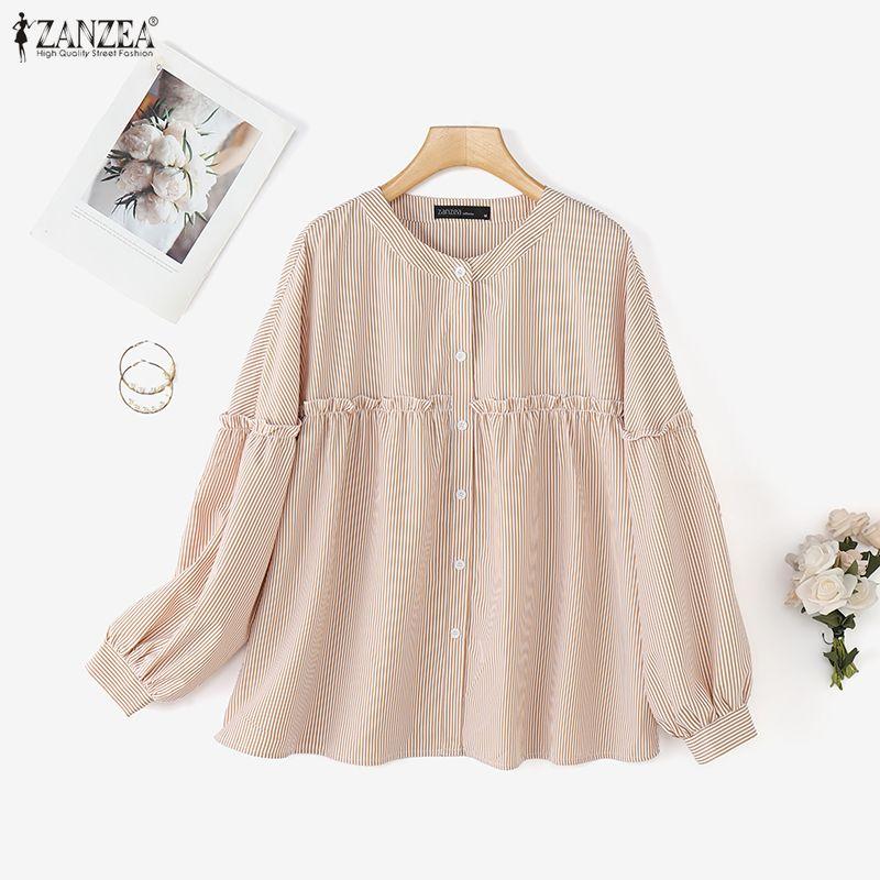 ZANZEA Women Casual Round Neck Loose Long Sleeve Stripe Blouse