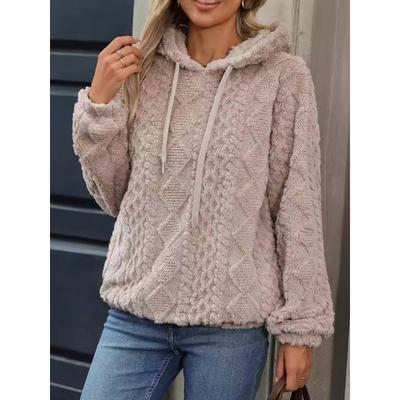 Women's Autumn Loose Plush Jacquard Long Sleeve Loose Hooded Sweatshirt Solid Color Pullover Casual Top