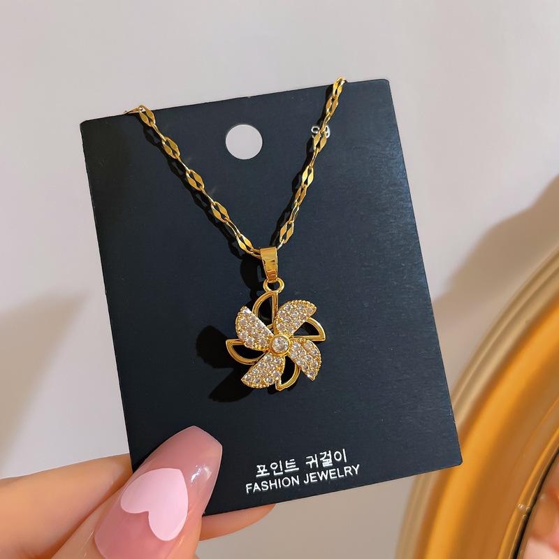 Rotating Windmill Full Of Diamonds Light Luxury Temperament Gorgeous Full Diamond Necklace Female Versatile Collarbone Chain Titanium Steel