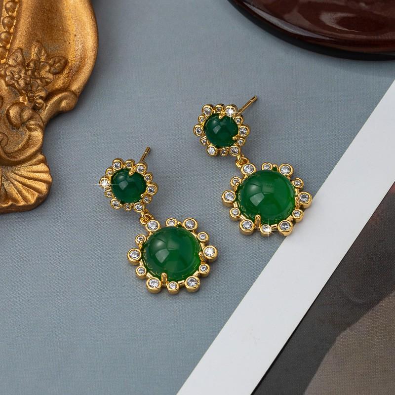 Vintage Green Zircon Flower Earrings Women Copper Stud Dangle Boho Chic Office Wear Retro Minimalist Jewelry Green