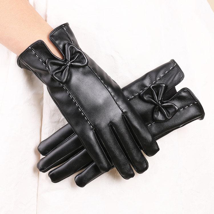 New Autumn and Winter Women's Touch Screen Leather Gloves with Bow Color Warm Plus Velvet Riding Touch Screen Gloves for Winter
