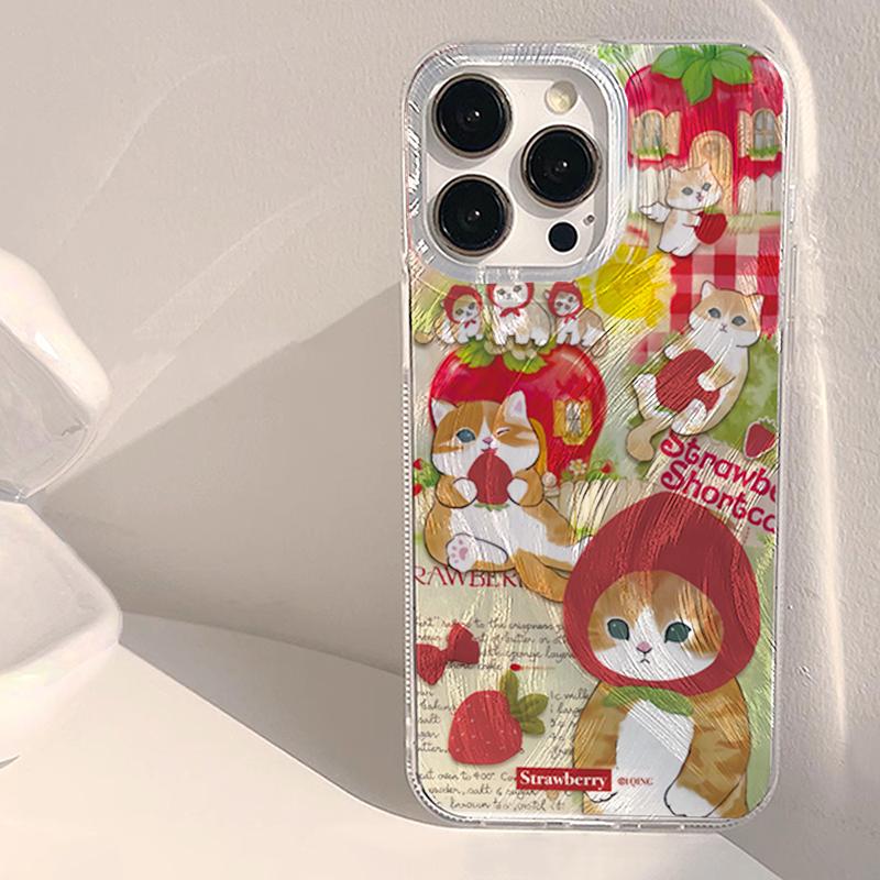 Cute Red Hat Cat Strawberry Phone Case For Samsung Galaxy S25 S24 Ultra S23 FE S22 S21 Plus A55 A56 A16 A15 A54 A53 A33 5G Cover