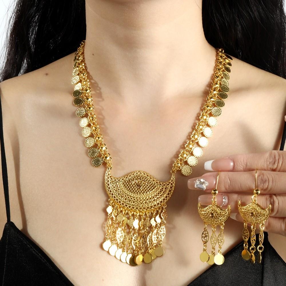 Trendy Alloy Gold Jewelry Collection With Hollow Coin Necklace And Earrings For Casual Wear