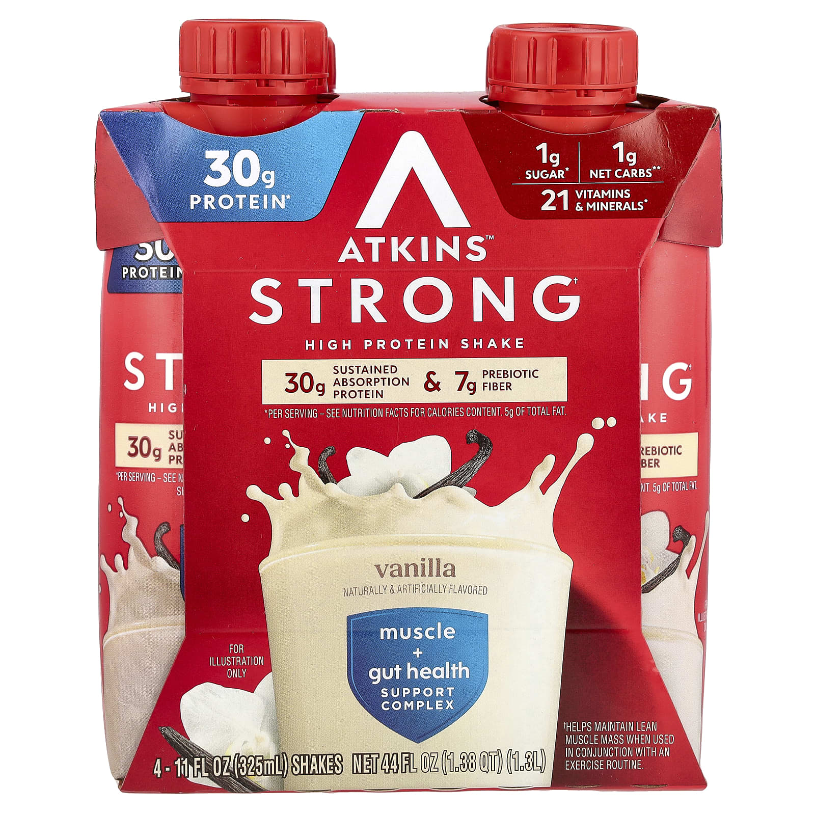 

Atkins, Strong, High Protein Shake, Vanilla, 4 Count, 11 fl oz (325 ml) Each
