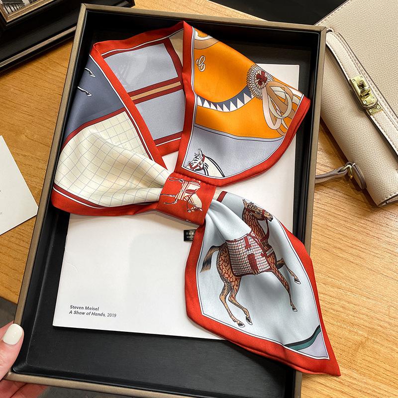 Vintage Horse Printed Cross Tie Scarf Elegant Slender Neck Scarf Women's Professional Decorative Scarf