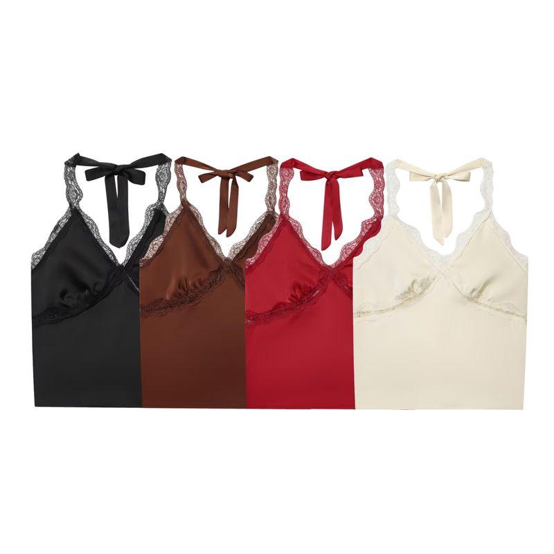 Za Autumn New Arrivals Women's Clothing Zr European and American Style Lace Halter V-Neck Double-Sided Satin Short Backless Camisole Top