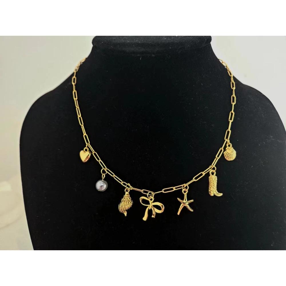 Paper Clip Necklace Bow Pentagram Shell Pearl Love Denim Boots Necklace