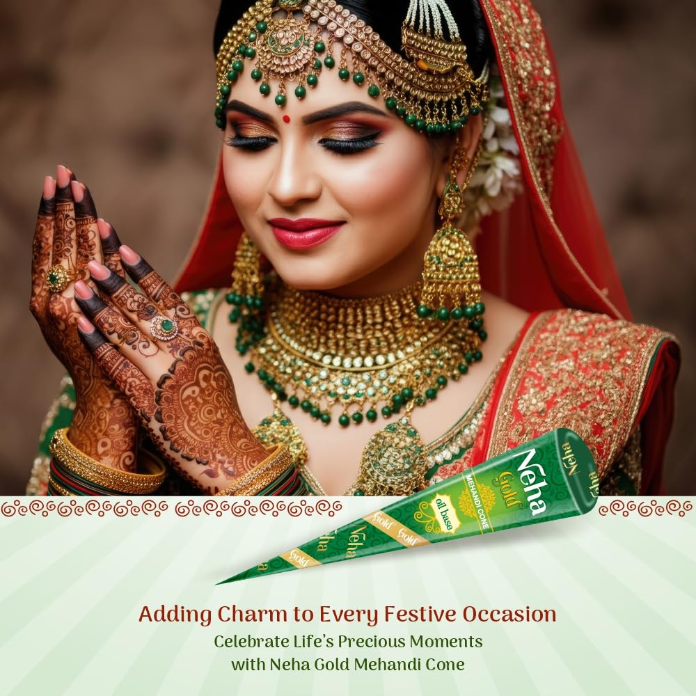 Neha Gold Mehandi Kegel Reine Hennapaste für Körperkunst Temporäres Tattoo Hände Füße Design Einfache Anwendung (2 Stück in 1 Schachtel X 5er-Pack)