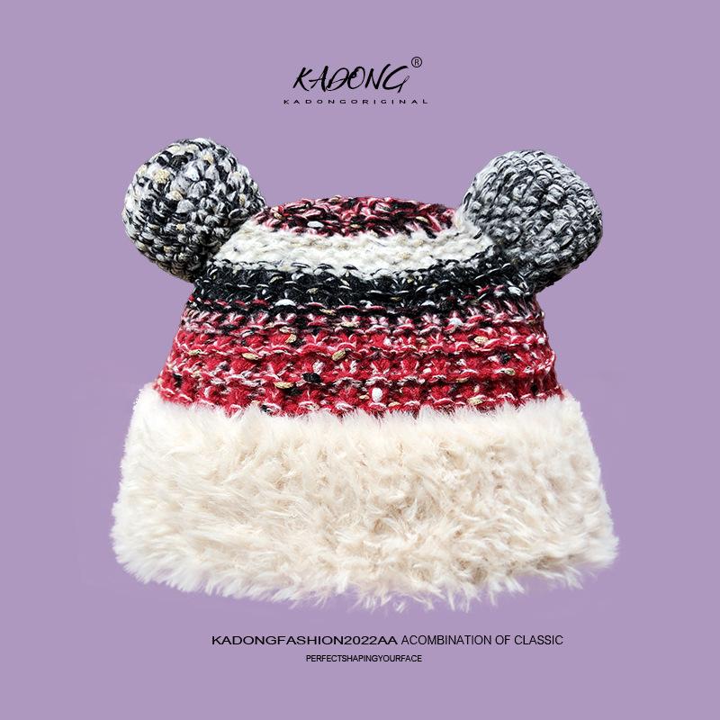 2025 Cute Bear Wool Hat Plush Warm Big Head Circumference Knitted Hat Headgear Season