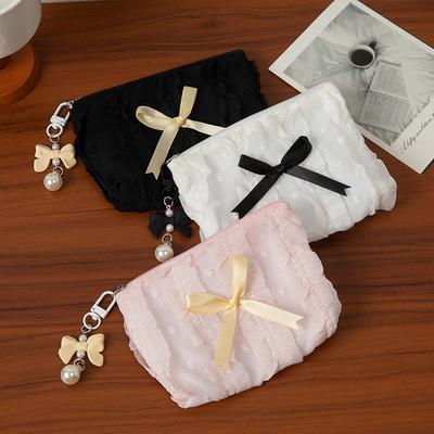 Linda Bolsa Pequeña de Maquillaje para Mujer Lazo de Encaje Coreano Monedero Portátil Bolsita Pequeña Bolso de Mano Kawaii Almacenamiento de Cosméticos Femenino Bolsa con Cremallera