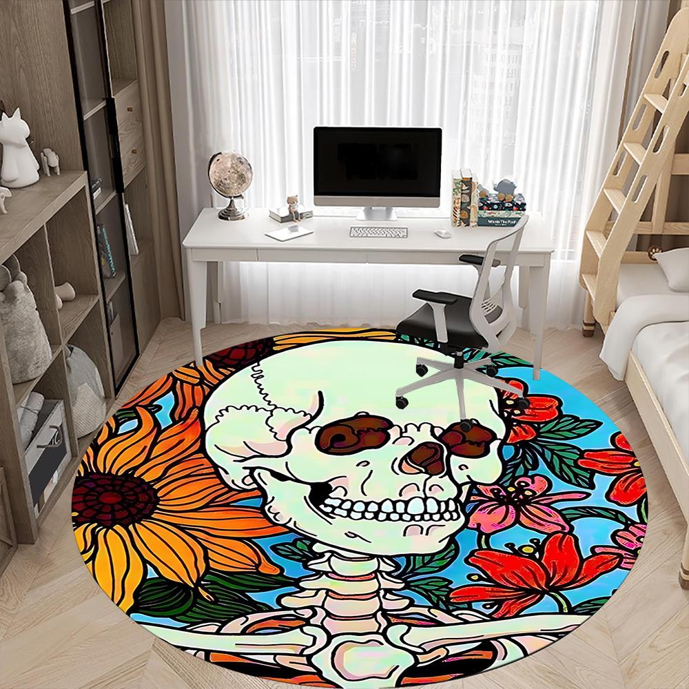 1pc Skull Flowers Office Round Area Rug, Under Office Chairs Bedroom Living Room Home Decor, Room Deco, Available in Various Sizes