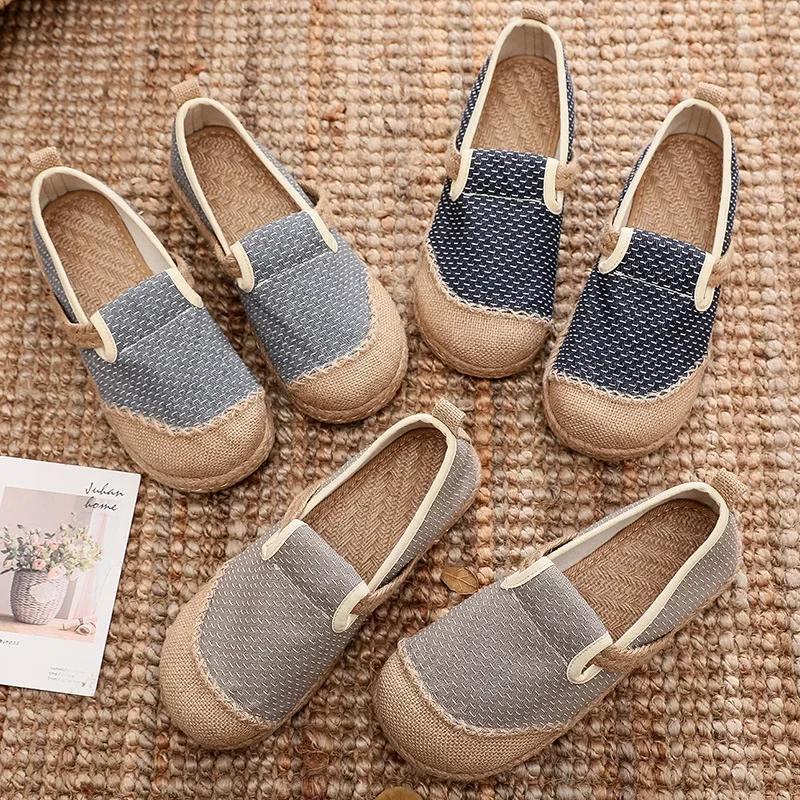 Fashion Women Striped Linen Canvas Flat Shoes Vegan Hemp Comfortable Ladies Casual Espadrilles Loafers Grey Blue 2024