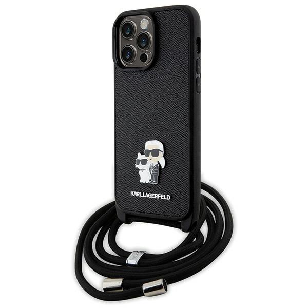 Karl Lagerfeld Klhcp14Xsakcpsk Capa para iPhone 14 Pro Max 6.7 Hardcase - Preto Crossbody Saffiano Metal Pin Karl&Choupette