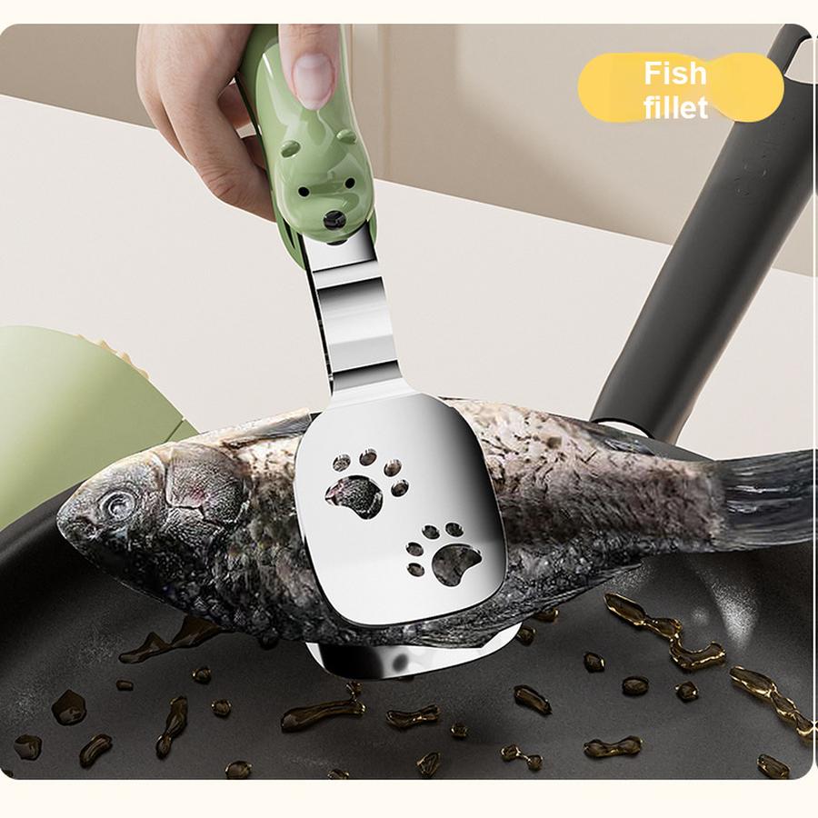 Small Bear Fried Fish Turner 2-in-1 Stainless Steel Food Clip Long Handle Anti-Slip Oil Draining Spatula Heat Resistant Clip