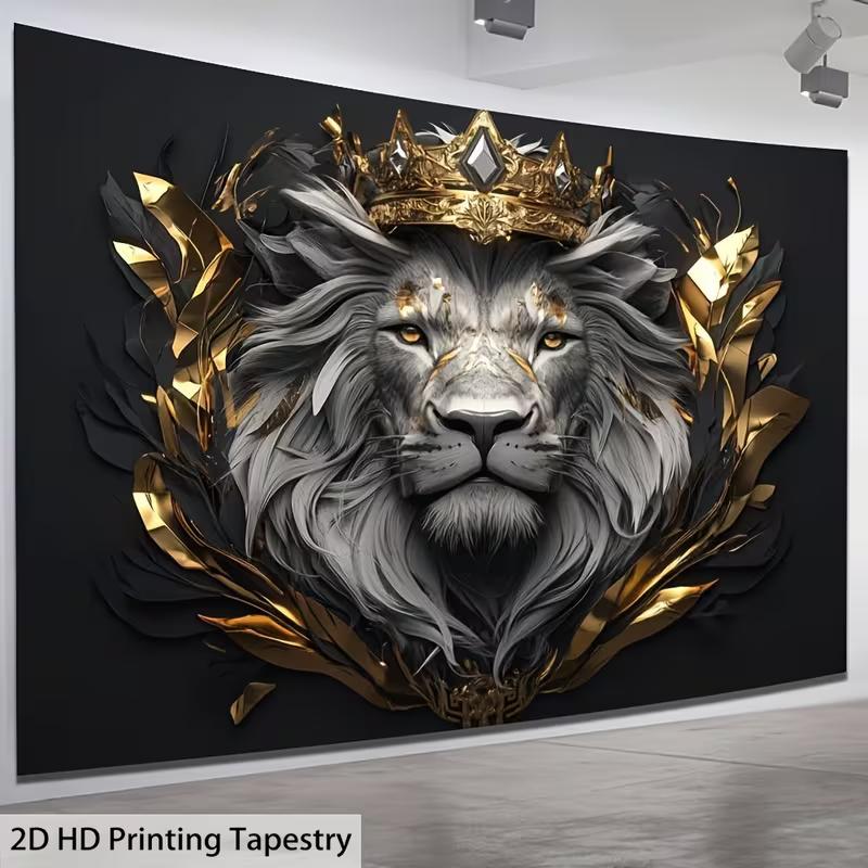2D King Lion Tapestry Background Cloth Black Gold Crown Lion Wall Decor Banner