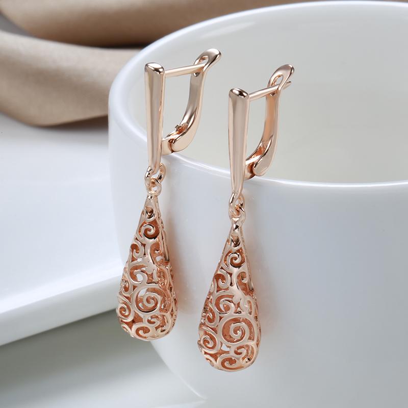 New Ethnic Bridal Long Dangle Earrings Rose Gold Color Wedding Jewelry Unusual Hollow Flower Daily Earrings For Women